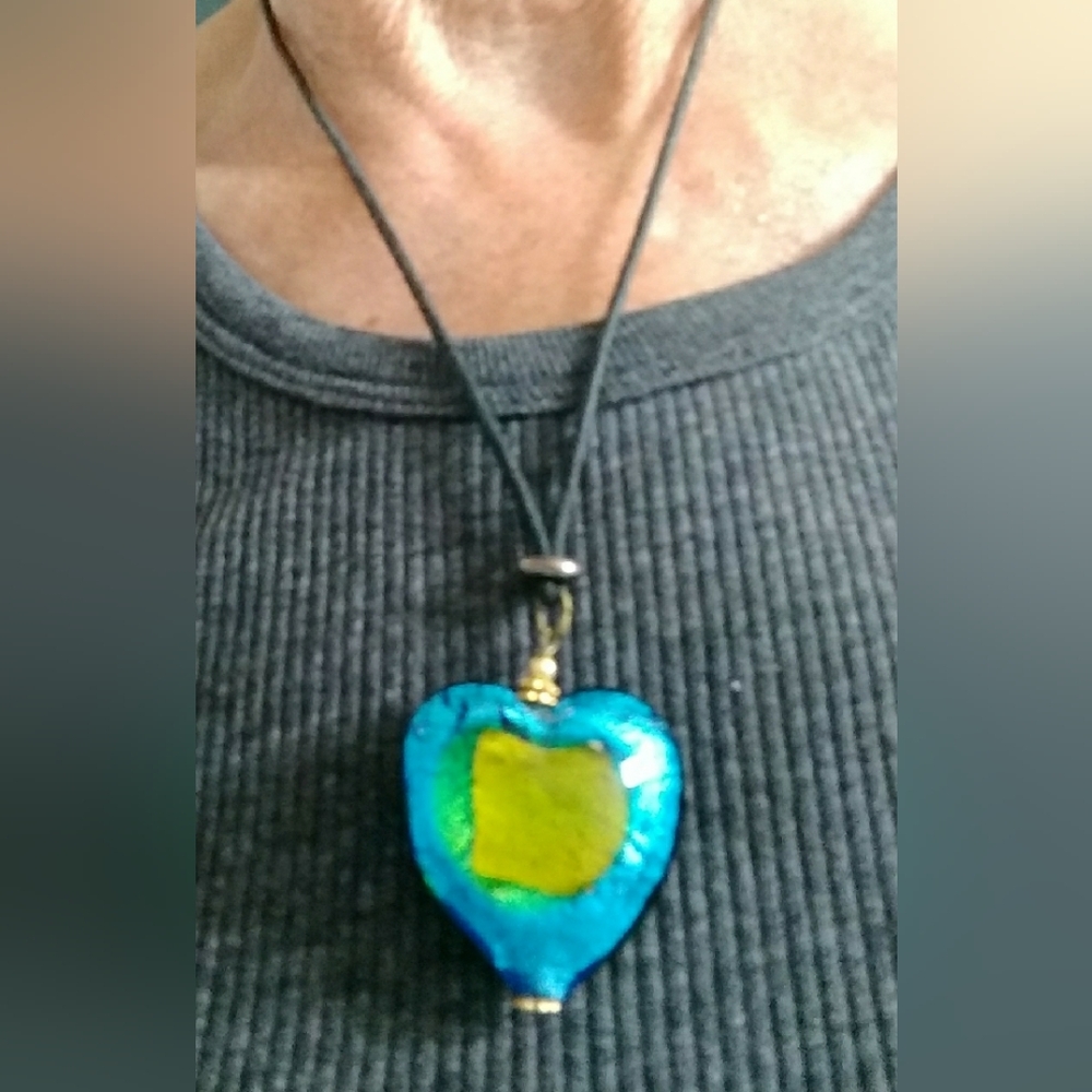Hand Crafted Blue and Green Heart Pendant Necklace